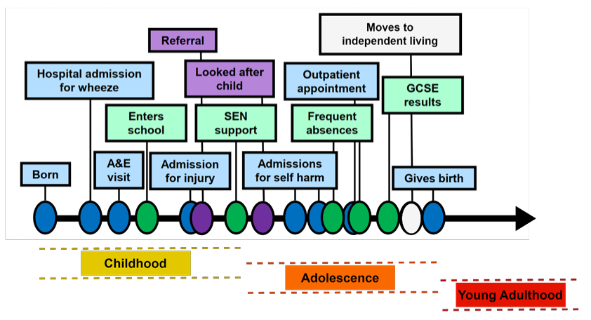 Diagram showing a child's hypothetical journey from birth to adultood and the various health, education and social care contacts they might have.